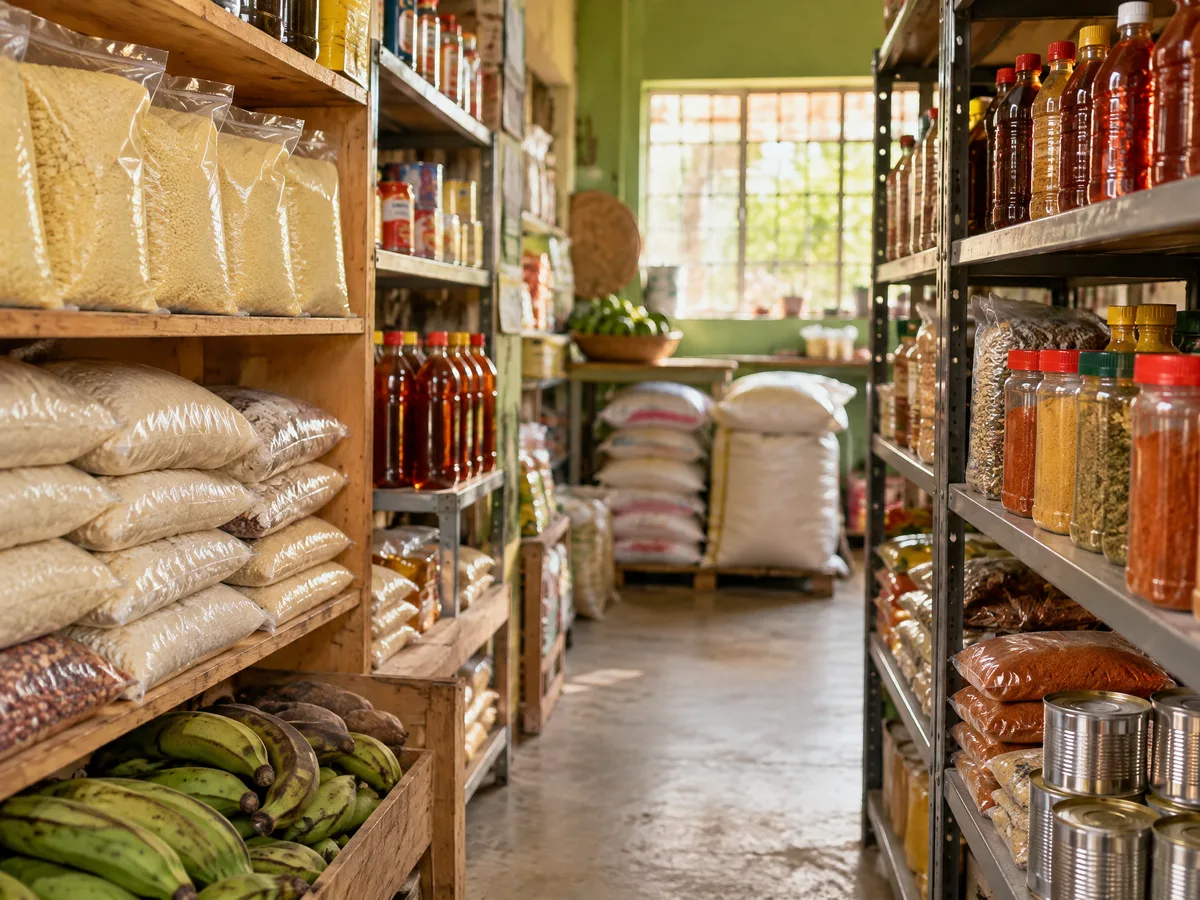 Grocery aisle stocked with gari, rice, palm oil and spices
